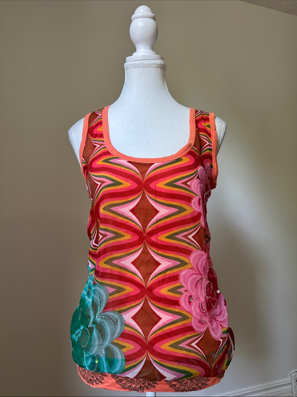 DESIGUAL Y2K Colourful Retro Geometric Beaded Floral Bubble Tank Top XS